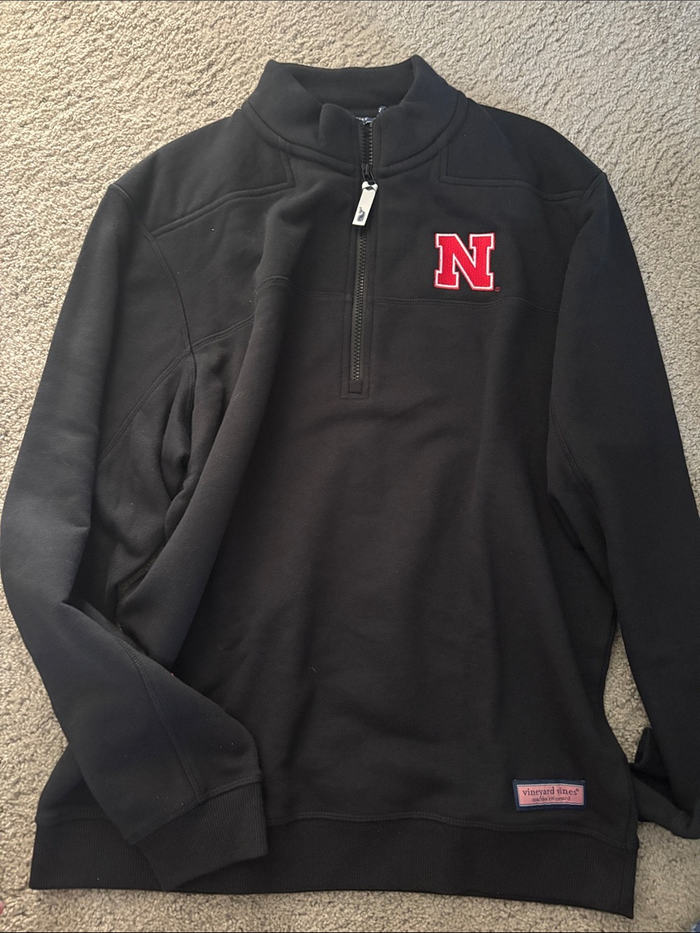 Vineyard Vines Black Half-Zip Pullover with Red Nebraska emblem